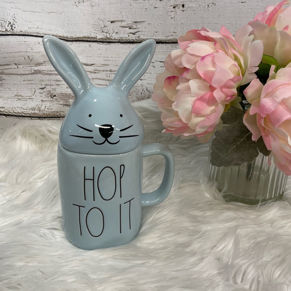 Rae Dunn Hop to it bunny mug blue NWOT